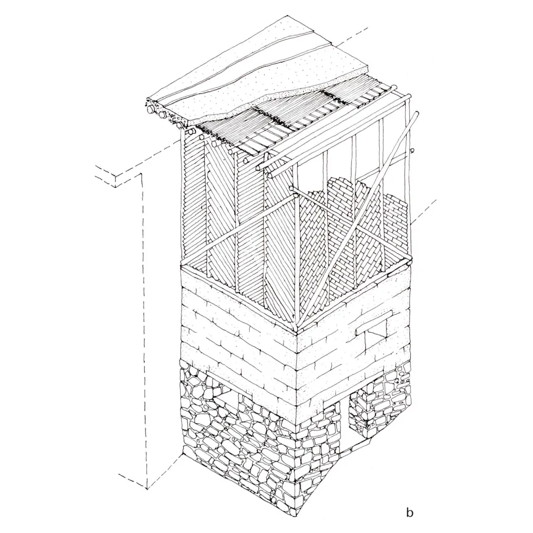 Drawing showing سنج Senj build with foundation and roofing, from "Afghanistan: An Atlas of Indigenous Domestic Architecture" p.153